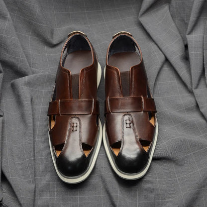 Classic Arabic Style Mens Sandals Genuine Cow Leather Slip-On Hollow Out Casual Business Party Dress Shoes for Men Flat Footwear