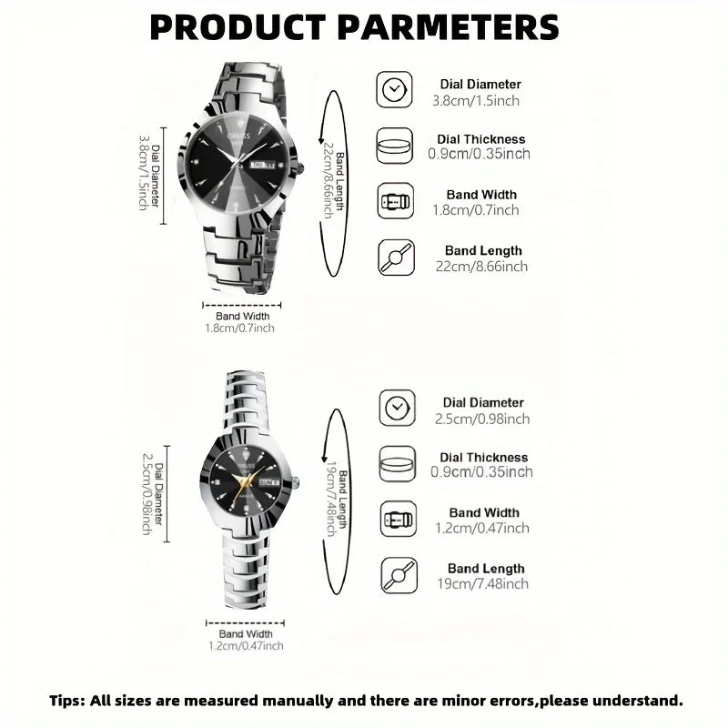 2pcs Couples Dial Cutting Quartz Watch Business Fashion Analog Calendar Wrist Watch Valentines Gift For Men Women Date Watch