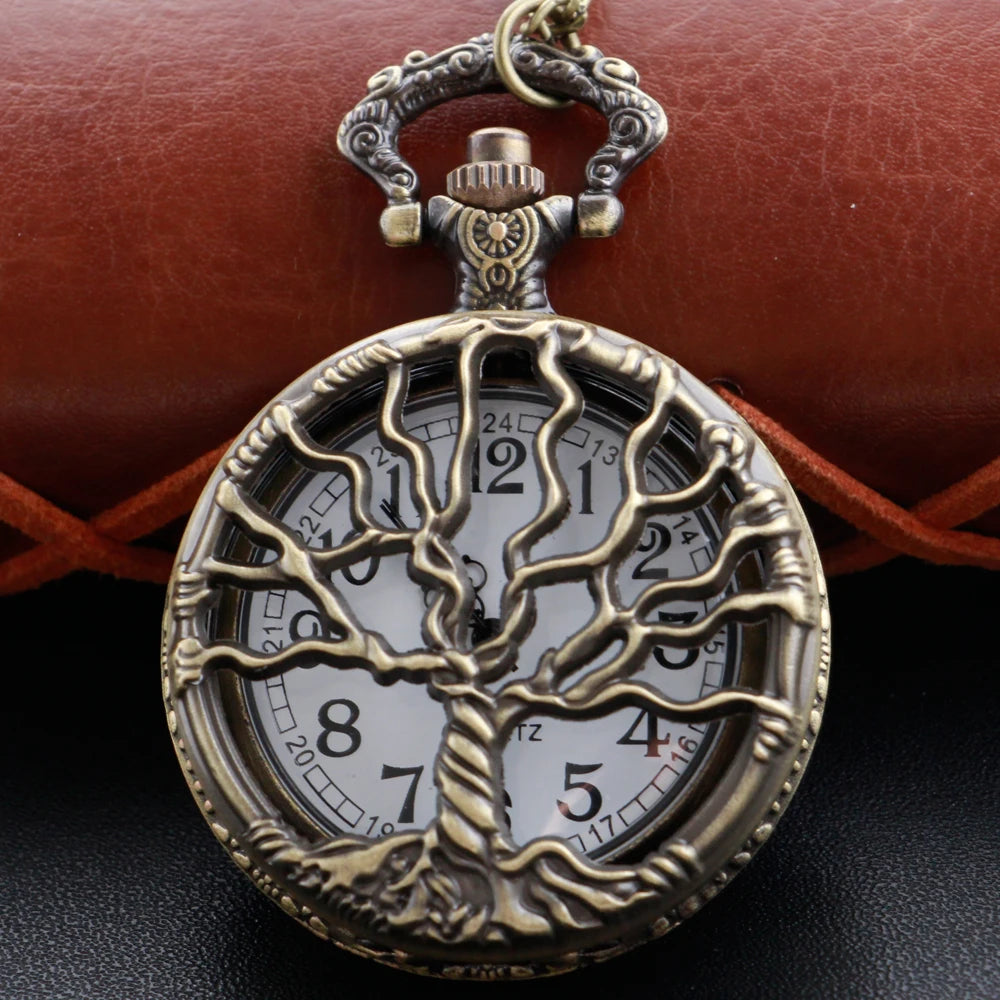 Steampunk Retro Bronze Hollow Tree of Life Quartz Pocket Watch With Fob Chain Women Watch Pendant Necklace Chain Men Gift CF1088