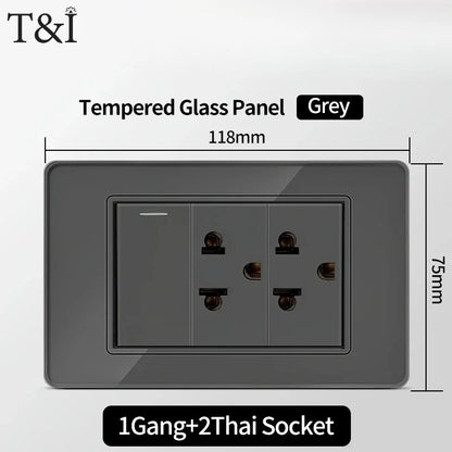 118*75mm TEMPERED GLASS SWITCH PANEL Wall Socket with USB Type - C, Grey US Switch, Thai Plug for Home & Office Use