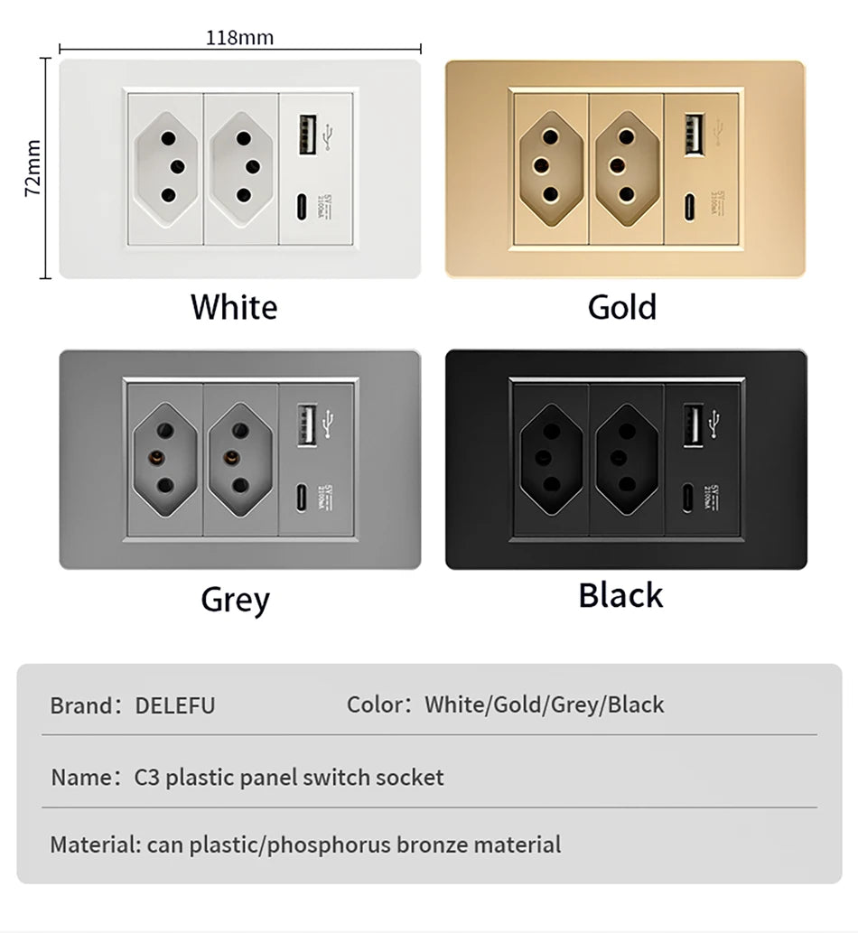DELEFU 4*2 White Tempered Glass Brazil Standard Outlet with Double USB Type C Wall Power Socket  Switch Tuya Wifi 10A 20A