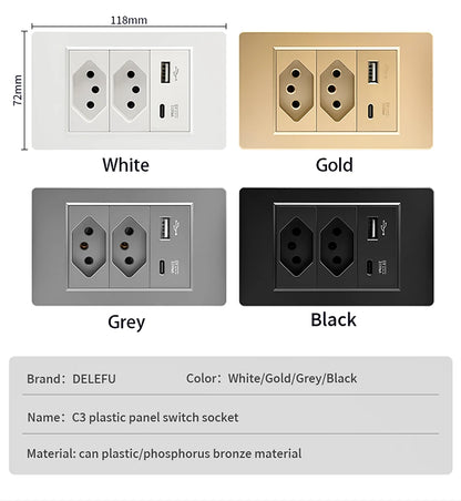 DELEFU 4*2 White Tempered Glass Brazil Standard Outlet with Double USB Type C Wall Power Socket  Switch Tuya Wifi 10A 20A