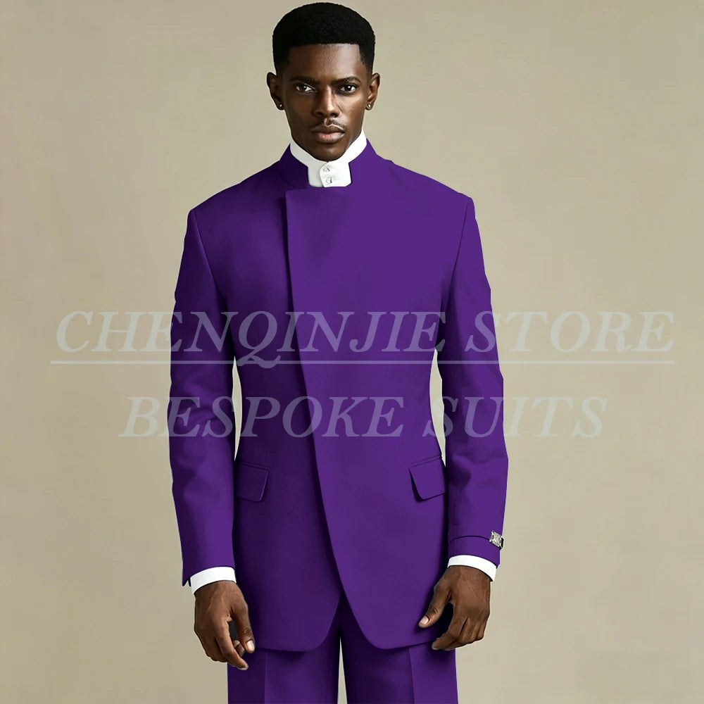 Elegant Black Men's Suits 2 Piece Jacket Pants Outfits Formal Single Breasted Stand Lapel Skinny Clothing Costume Homme