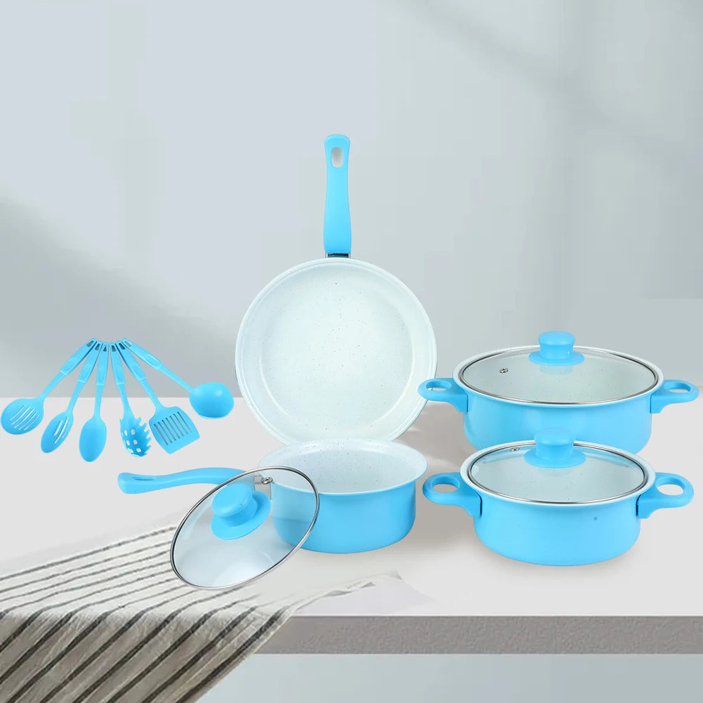 12Pcs Non Stick Cookware Set Milk Pot Maifan Stone Frying Pan with Lid Cooking Pot Set Stackable Pot Set for All Hob