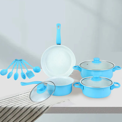 12Pcs Non Stick Cookware Set Milk Pot Maifan Stone Frying Pan with Lid Cooking Pot Set Stackable Pot Set for All Hob