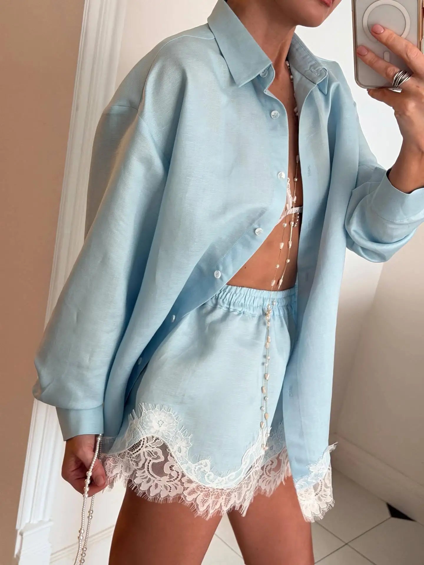 Women's Casual Long Sleeve Single Breasted Shirts 2026 Spring Lace Floral Hem Blouse Elegant Classical Stylish Shorts Outfits