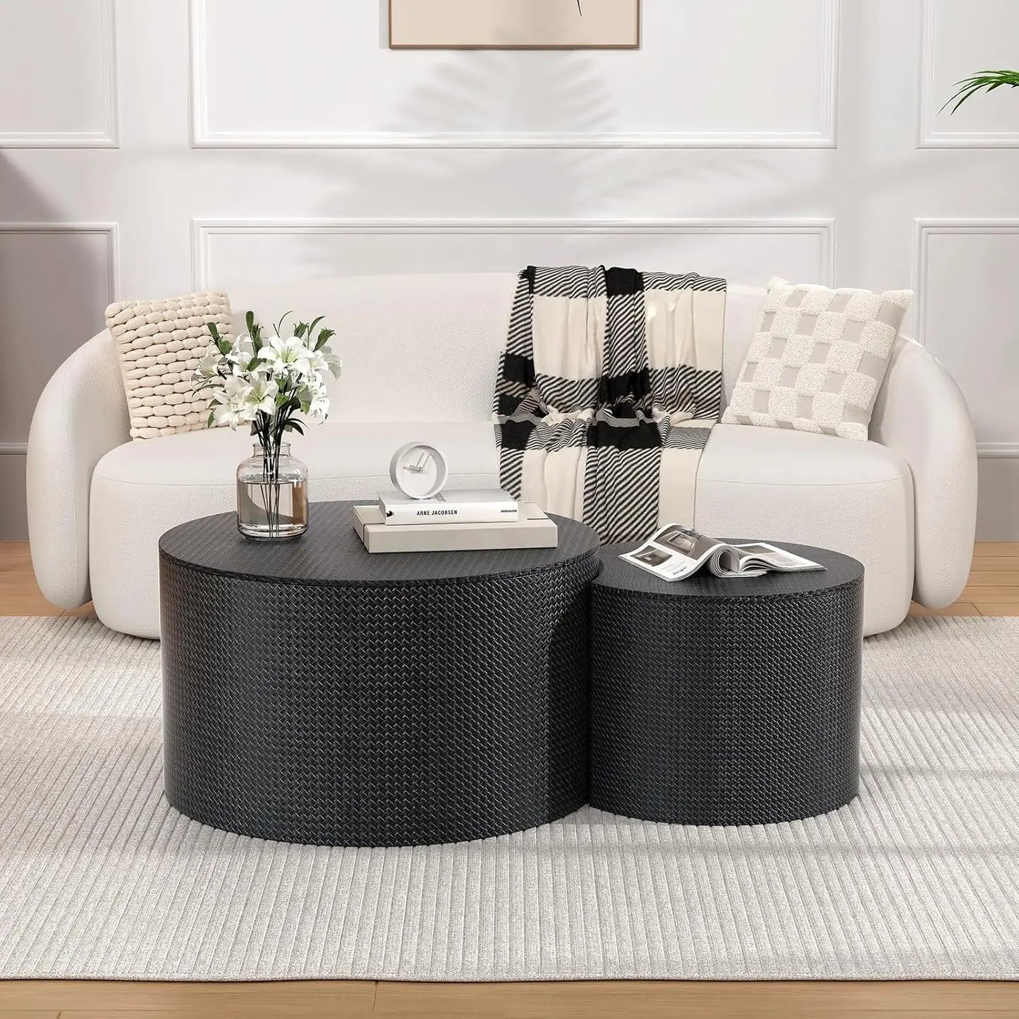 Round Nesting Coffee Table Set of 2 with Storage, 26.8" Farmhouse Handwoven PU Coffee Table, for Living Room, Customized