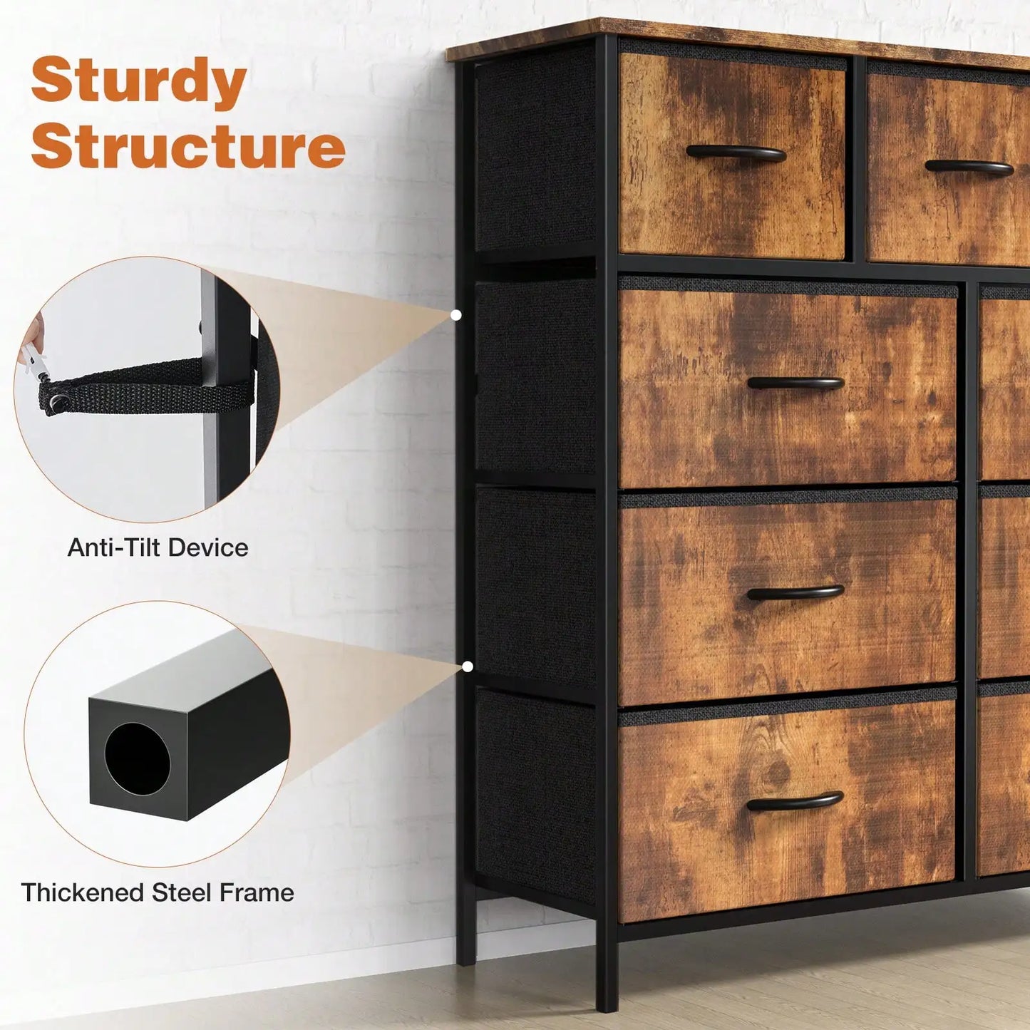 Tall 9 Fabric Clothes Cabinet Storage Organizers And Wood Top Surface Table Chest ,9 Drawer Dresser,Fabric Storage Tower For Bedroom, Hallway, Entryway, Closet, Tall Chest Organizer Unit With Fabric Bins, Steel Frame, , Easy