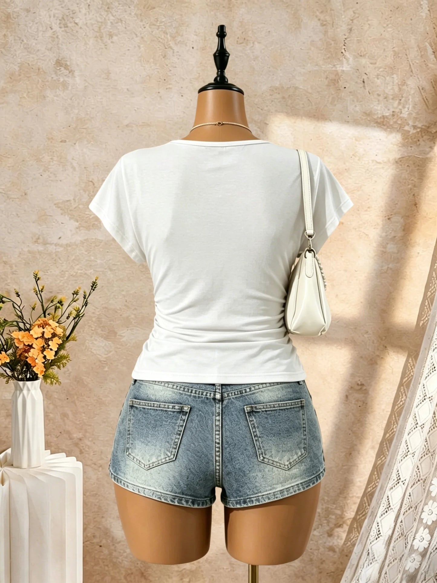 Women Short Sleeve Deep V Neck Side Ruched Wrap Crop T Shirt 2026 Summer Y2K Casual Streetwear Basic Solid Tees