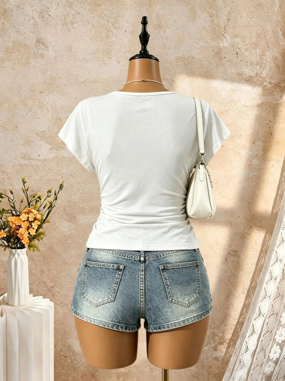 Women Short Sleeve Deep V Neck Side Ruched Wrap Crop T Shirt 2026 Summer Y2K Casual Streetwear Basic Solid Tees