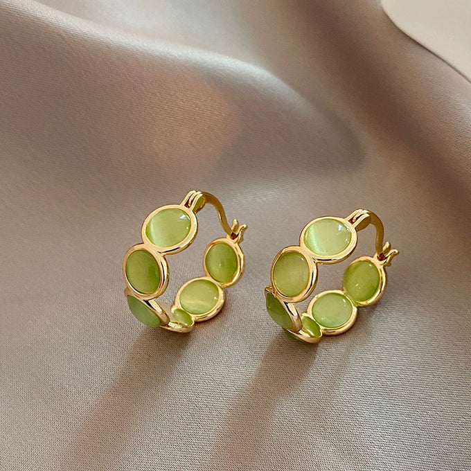 White & Green Stone Hoop Earrings