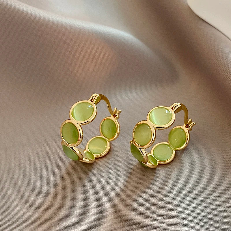 White & Green Stone Hoop Earrings