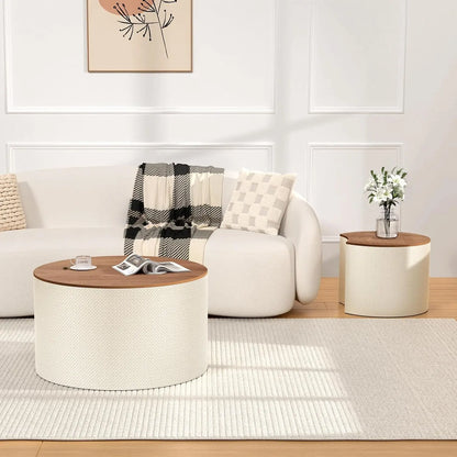 Round Nesting Coffee Table Set of 2 with Storage, 26.8" Farmhouse Handwoven PU Coffee Table, for Living Room, Customized