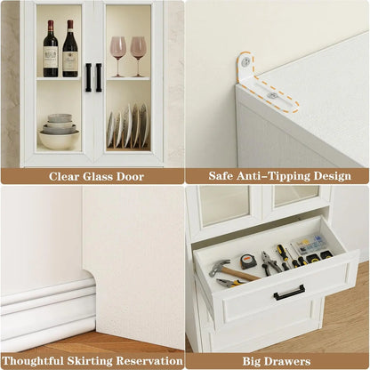 80" Tall Kitchen Pantry Storage Cabinet with Glass Doors, Adjustable Shelves & 3 Drawers, Versatile Tall Storage, Custom