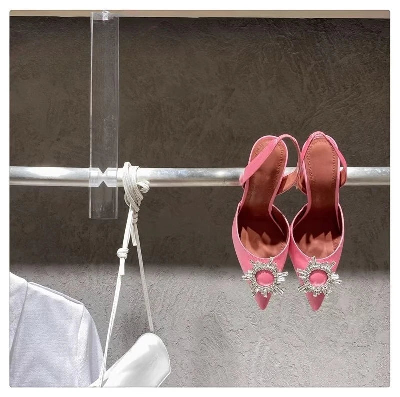 2025 European and American Women's New Silk Sunflower Crystal Diamond Buckle High Heels Horseshoe Heel Women's Sandals