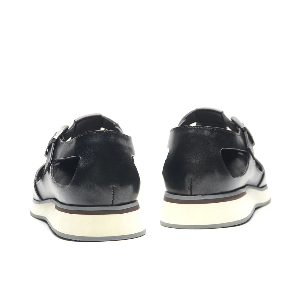 XEBOS Men's Sandals Genuine Leather Cowhide Summer Outdoor Flat Shoes Casual Sneakers Buckle Strap Black Brown Male Footwear