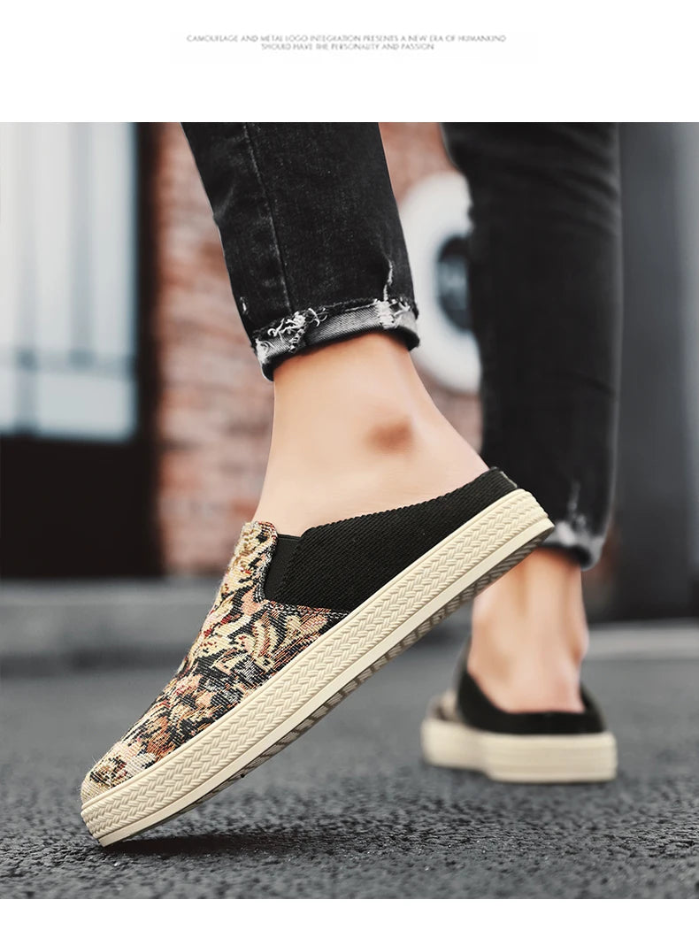 Men's canvas slippers summer new breathable outdoor soft-sole casual slippers party sandals Joker tide half slippers cloth shoes