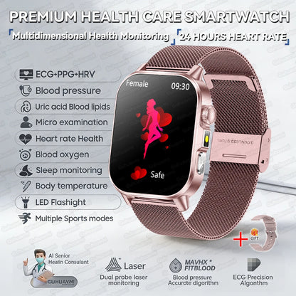 New Professional Health Watch Blood Pressure 2.01"AMOLED Screen Uric Acid Blood Lipids Flashlight Care Smart Watches for Women