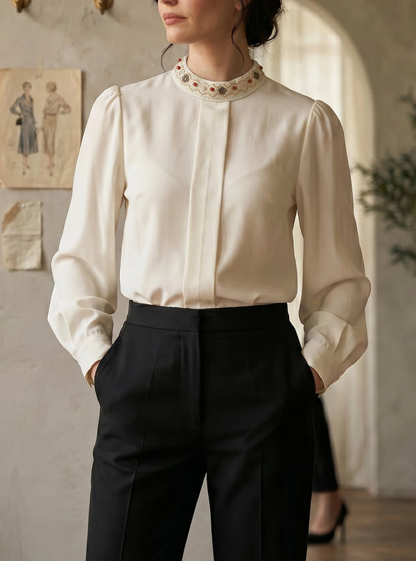 Embroidered Puff-Sleeve Satin Blouse