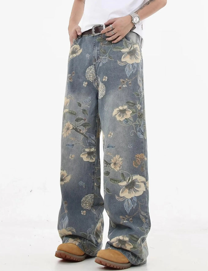 Men's Floral-Print Wide-Leg Jeans — product image