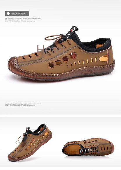 Men's Soft Leather 2024 Summer Men Leather Sandals Breathable Non-slip Cow Tendon Sole Casual Leather Shoes Outdoor Beach Shoes