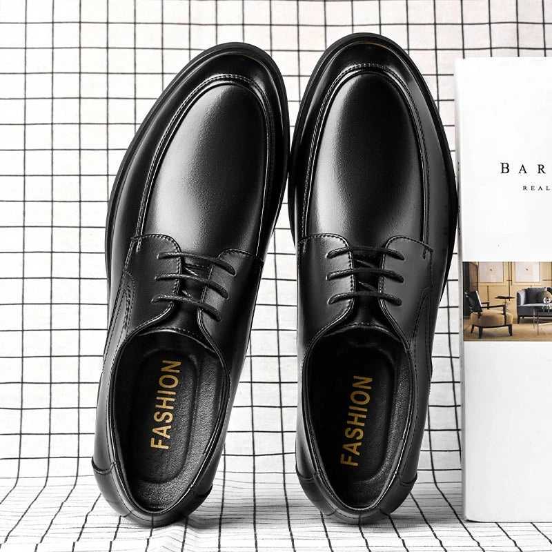 Mens Black Genuine Leather Lace Up Chunky Platform Oxfords Formal Business Office Groom Wedding Daily Wear Shoes Fashion Simple