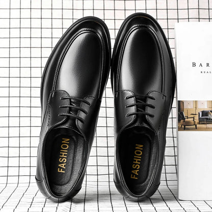 Mens Black Genuine Leather Lace Up Chunky Platform Oxfords Formal Business Office Groom Wedding Daily Wear Shoes Fashion Simple