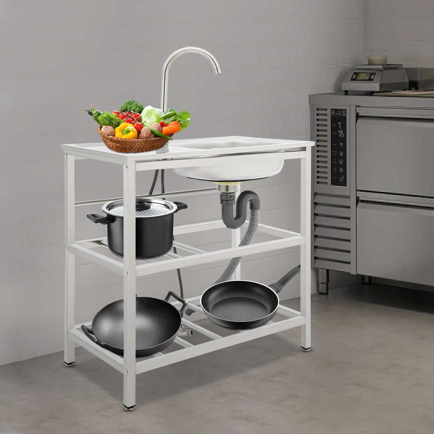 Stainless Steel Freestanding Outdoor Kitchen Sink with Faucet Worktable and Storage Rack Cold Hot Water Adjustable Feet