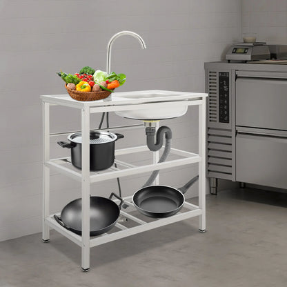Stainless Steel Freestanding Outdoor Kitchen Sink with Faucet Worktable and Storage Rack Cold Hot Water Adjustable Feet