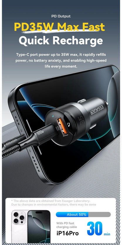 Essager Bluetooth 5.3 Car Charger 3.5mm Jack AUX Cable 35W Fast Charging for iPhone16 15 Huawei Samsung Bluetooth Car Chargers