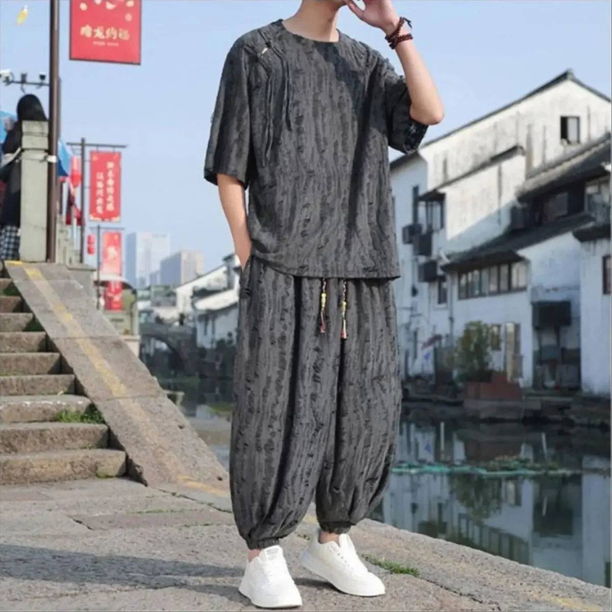 Men's Chinese Style Linen Co-ord Set Oversized Jacquard T-Shirt & Harem Pants Two Piece Outfit