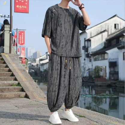 Men's Chinese Style Linen Co-ord Set Oversized Jacquard T-Shirt & Harem Pants Two Piece Outfit