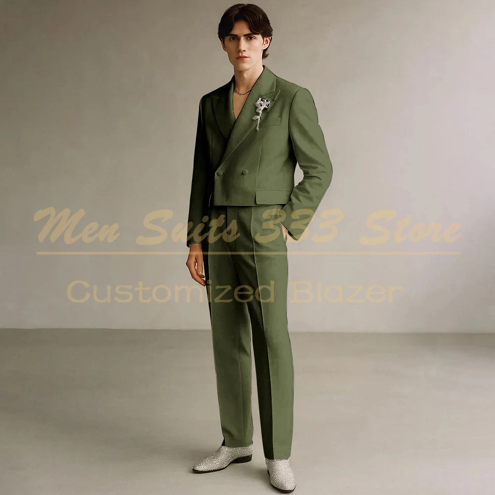 Cropped Men's Suits Formal Wedding Groomsmen 2 Piece Jacket Pants Sets Fashion Male Clothing High Quality Male Clothing Costume