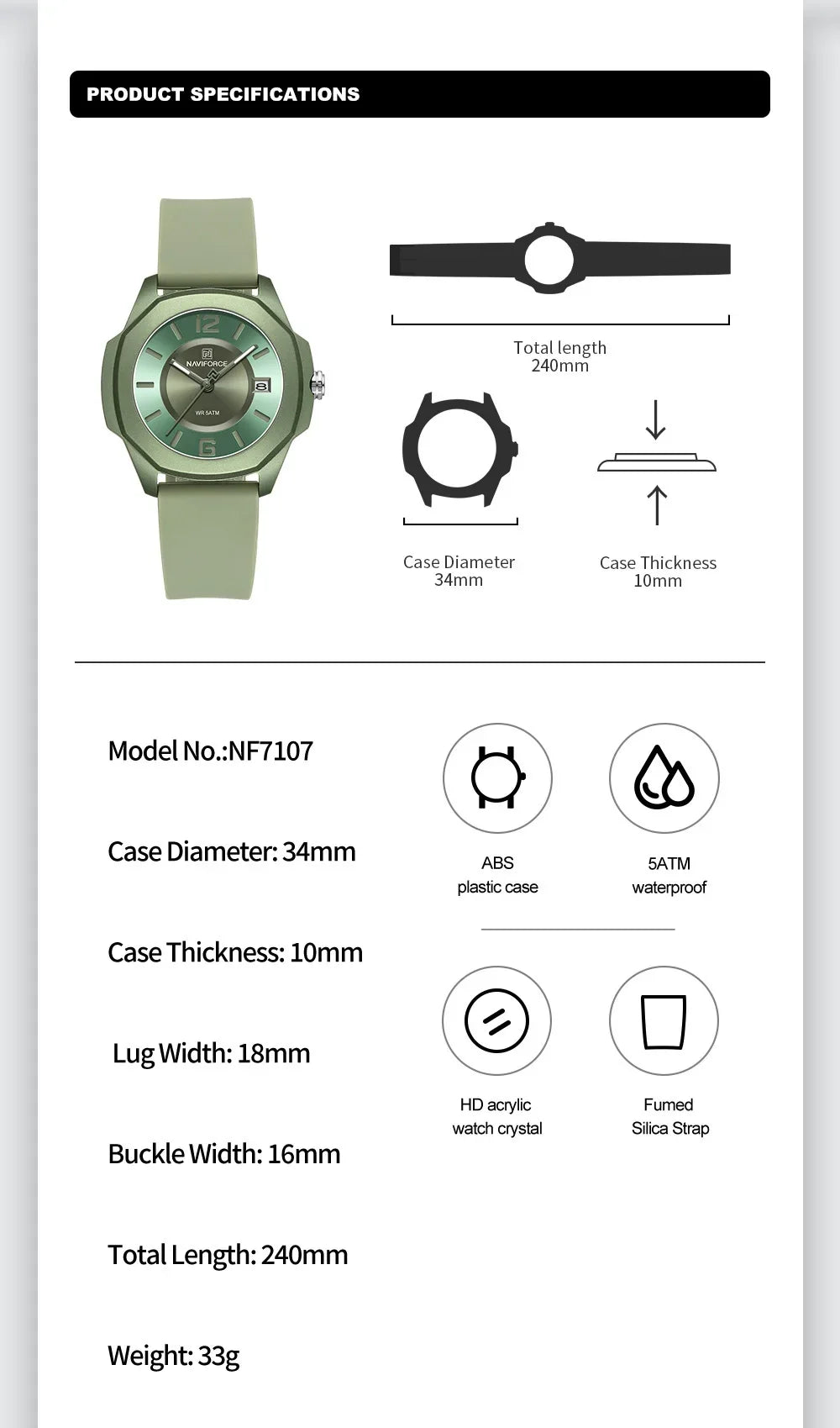 NAVIFORCE NF7107 Watch for Women Silicone Strap Classic Fashion 5ATM Waterproof Ladies Elegant Watch