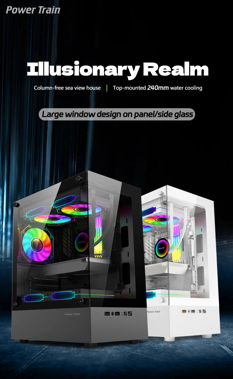 Power Train Illusionary Realm Computer Case M-ATX ITX Seaview Room Side Transparent Desktop Chassis Support 240 Water Cooler