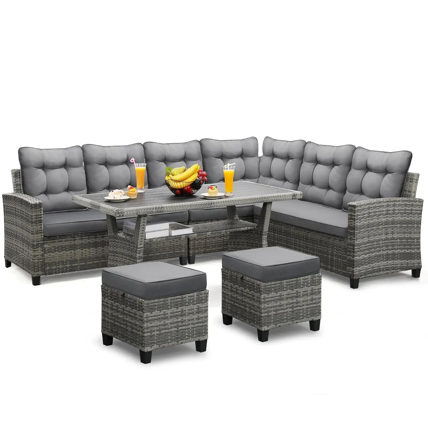 6-Piece Patio Sectional Sofa Dining Set All-Weather Removable Cushion Covers Garden Porch Backyard, Custom