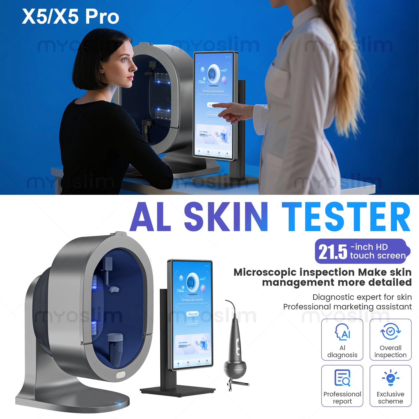21.5 Inch X5 Facial Skin Analyzer, 3D AI Hair Scanner, 8 Spectrum Light, Beauty Analysis Machine for Salon Care