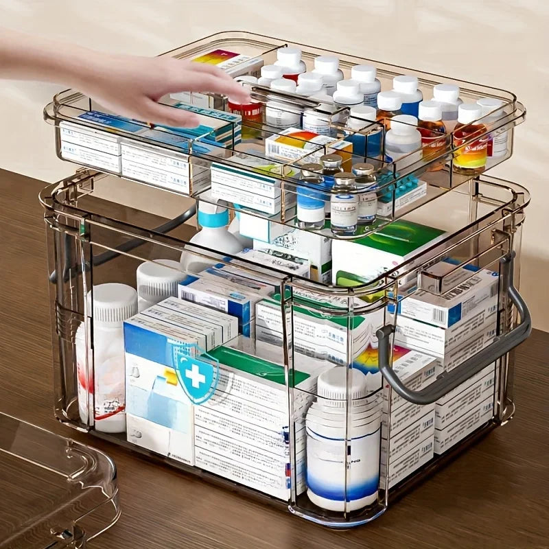 Transparent Plastic First Aid Box with Handle Household Emergency Medicine Storage Organizer Box