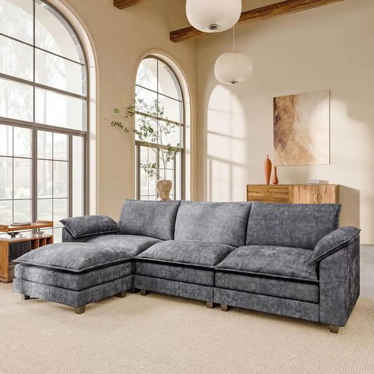 118.9" Modular Sectional Cloud Couch 3-Seat Sofa Set with Movable Ottoman, L Shaped Sofa Couch with Deep Seat,, Customized