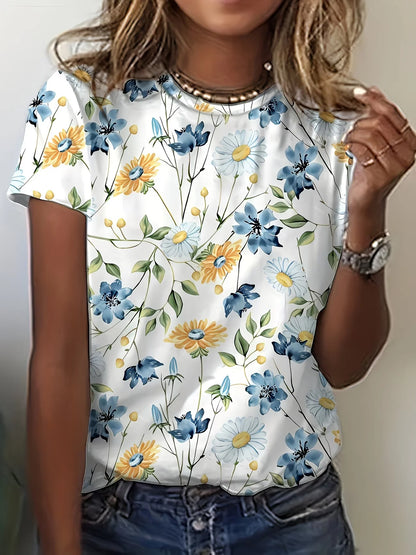 Lady T Shirts Crew Neck Short Sleeve Gradient Purple Flower Branch Print T Shirt Women's Outfits Casual Streetwear Cool Clothes