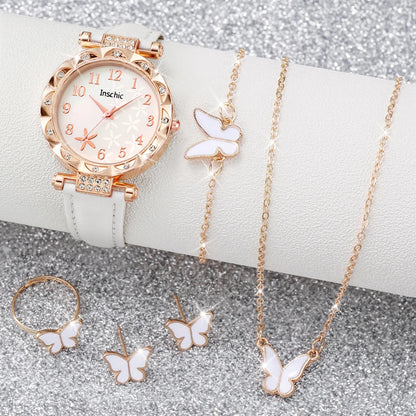 5/6PCS Fashion Rhinestone Women Watches Casual Leather Band Quartz Watch for Women Clock Jewelry Set Reloj Mujer（Without Box）