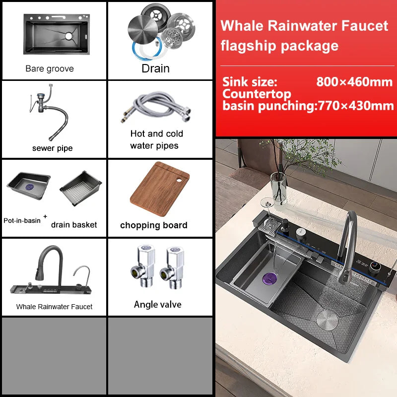 Various Waterfall kitchen Sink  Stainless Steel Multifunctional Large Single Slot Digital Display Sinks