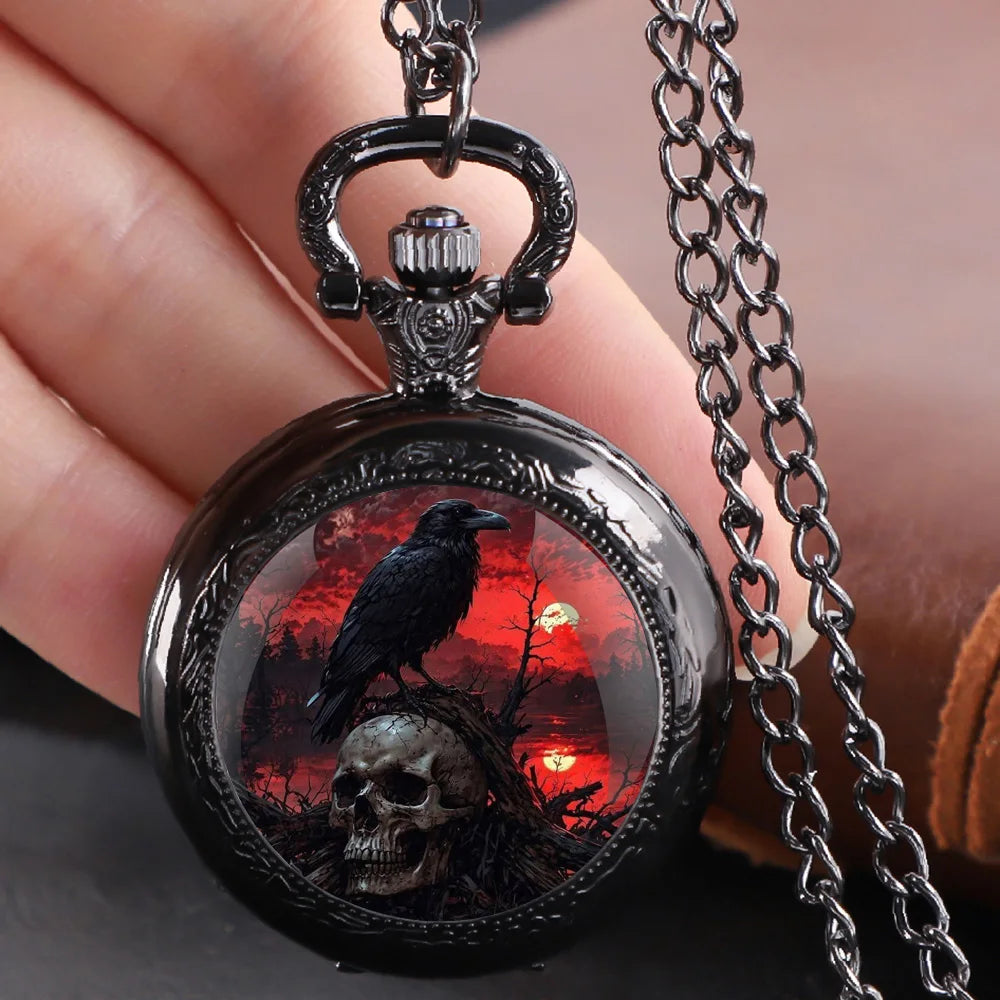Gothic Design Black Raven Pocket Watch with Necklace Alloy Case & Band,Quartz Movement, Non-Waterproof Watch for Men Women Kids
