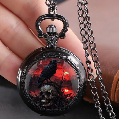 Gothic Design Black Raven Pocket Watch with Necklace Alloy Case & Band,Quartz Movement, Non-Waterproof Watch for Men Women Kids