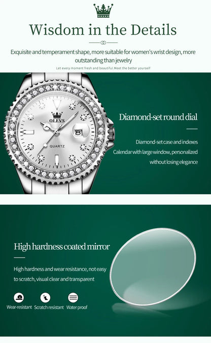 OLEVS Original Diamond Dial Quartz Watch for Women Fashion Elegant Ladies Watches Stainless Steel Waterproof Women's Wristwatch