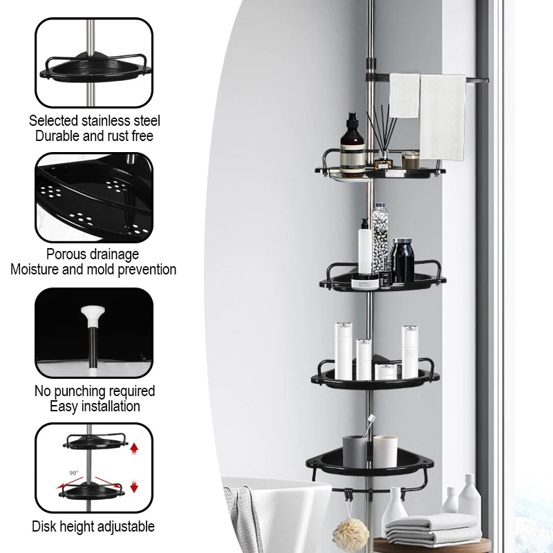 Adjustable Telescopic Shower Rack Stainless Steel Floor-to-Ceiling Bathroom Storage Rack, Rustproof & Space-Saving Organizer