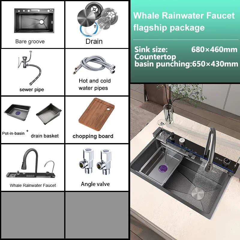 Various Waterfall kitchen Sink  Stainless Steel Multifunctional Large Single Slot Digital Display Sinks