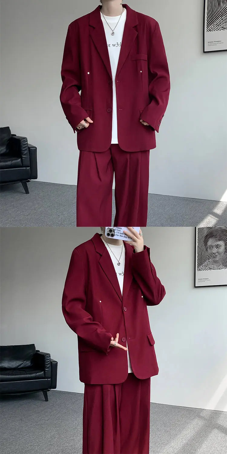 Casual suit set Men Loose fitting 2 piece suit Shoulder pads Trend Streetwear Korean 2025 NEW suit jacker+suit pants