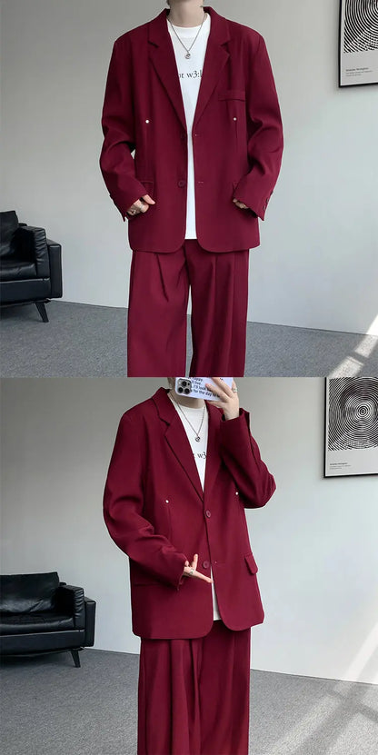 Casual suit set Men Loose fitting 2 piece suit Shoulder pads Trend Streetwear Korean 2025 NEW suit jacker+suit pants