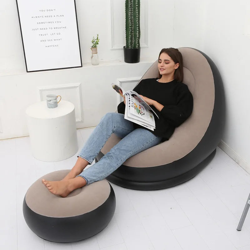OTAUTAU Inflatable Lounger with Footstool Ottoman Chaise Lounge Recliner Outdoor Portable Camping Couch Garden Chair Pouf SF029